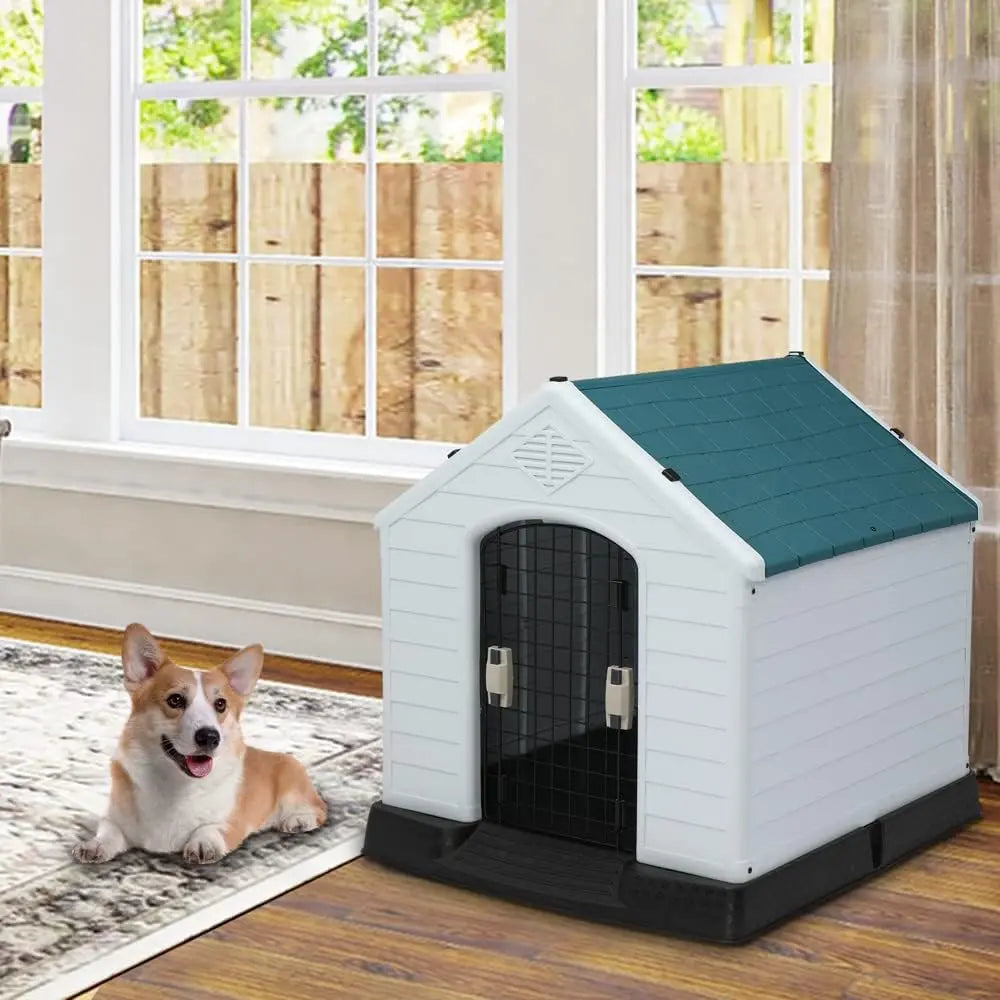 Plastic Dog House, Pet Dog Kennel Water Resistant for Small Medium Sized Dogs with Door, Indoor & Outdoor Use (28" H)