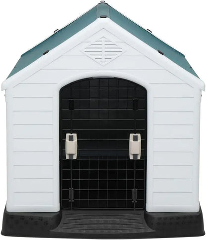 Plastic Dog House, Pet Dog Kennel Water Resistant for Small Medium Sized Dogs with Door, Indoor & Outdoor Use (28" H)