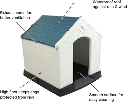 Plastic Dog House, Pet Dog Kennel Water Resistant for Small Medium Sized Dogs with Door, Indoor & Outdoor Use (28" H)